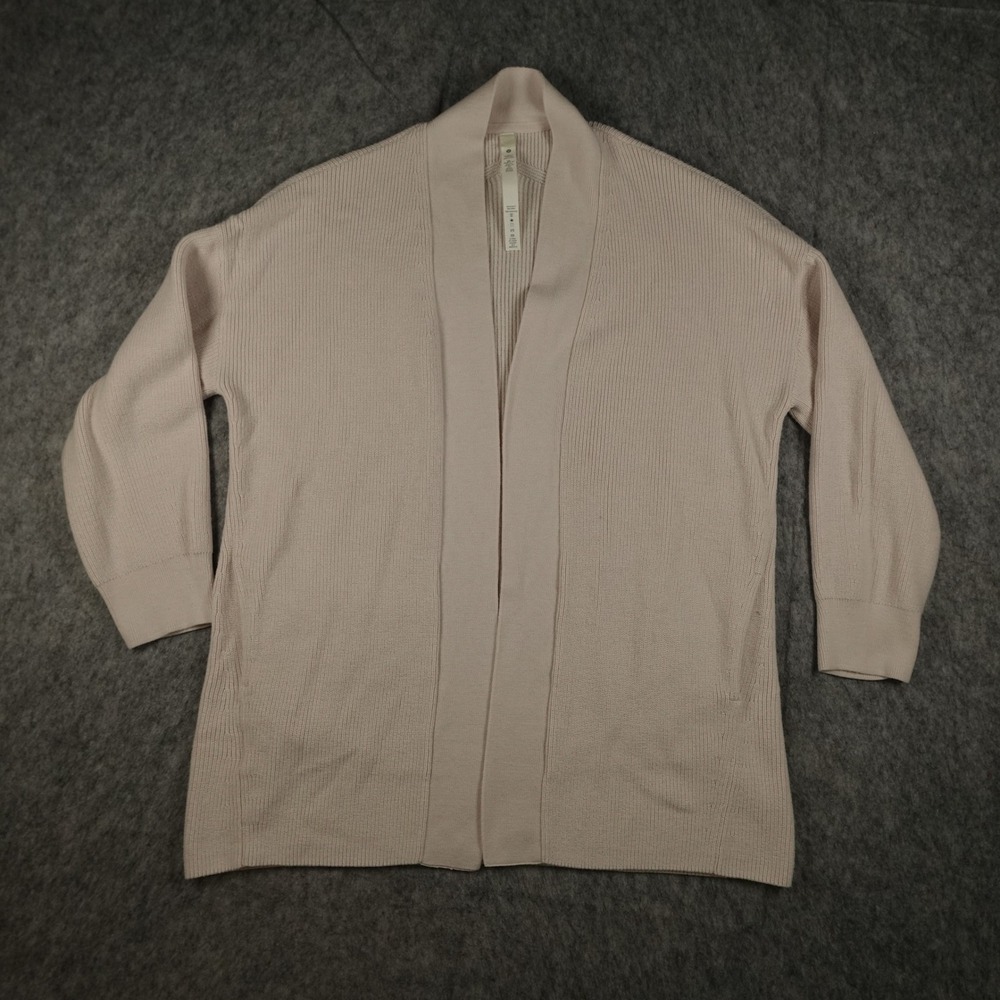 Lululemon Cardigan Women 10 Ivory Merino Wool Blend Ribbed Long Wrap Sweater‎